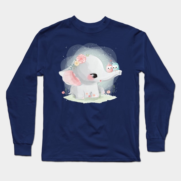 elephant with bids on trunk Long Sleeve T-Shirt by Mako Design 